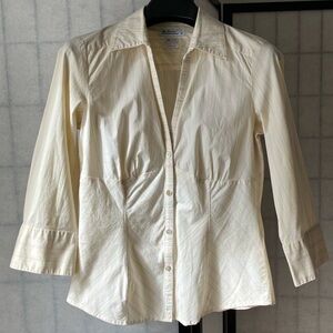 Ben Sherman Cream White Button-Down Blouse Pastel Pinstripes 3/4 Sleeves Pleated